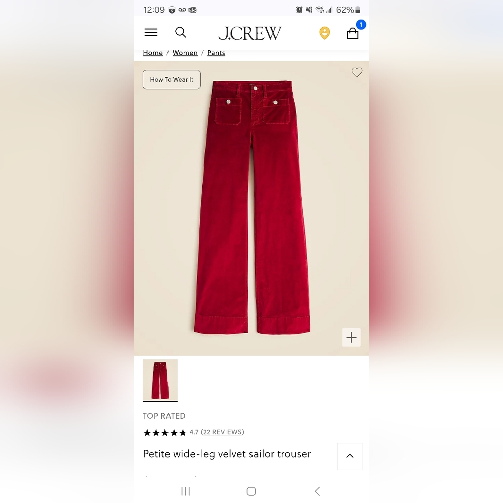 J. Crew Wide-leg Velvet Sailor Trouser - Vivid Burgundy